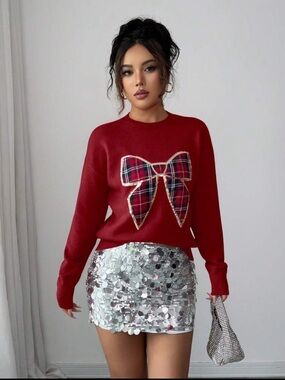 Dark Red Round Neck Sweater with Sequin Plaid Bow